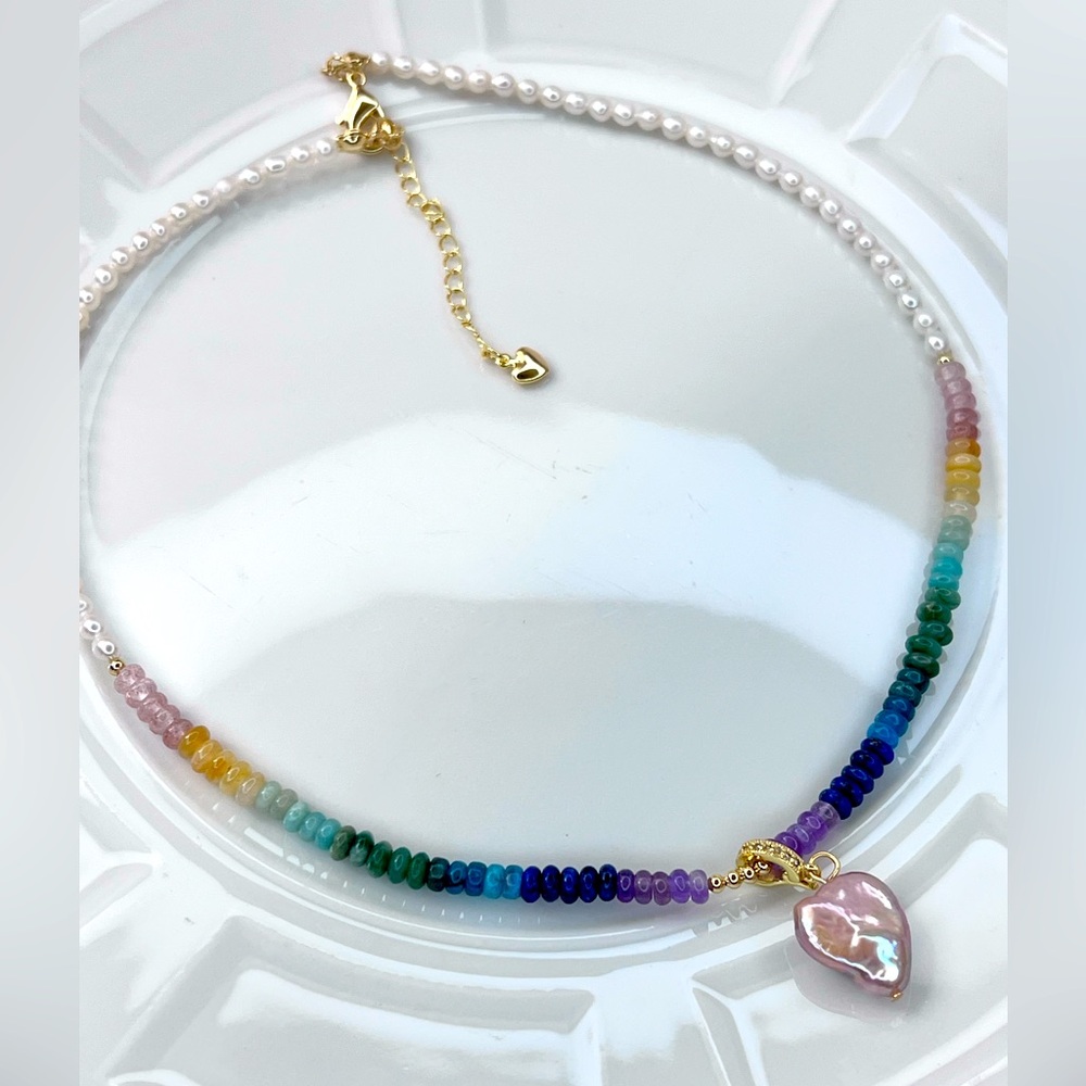 Handmade Freshwater Pearl Multi Gemstone 💎 Detachable Heart ❤️ Pendant Necklace